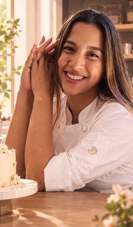 La repostera de Lady's Bakery sonriendo junto a un pastel decorado con flores